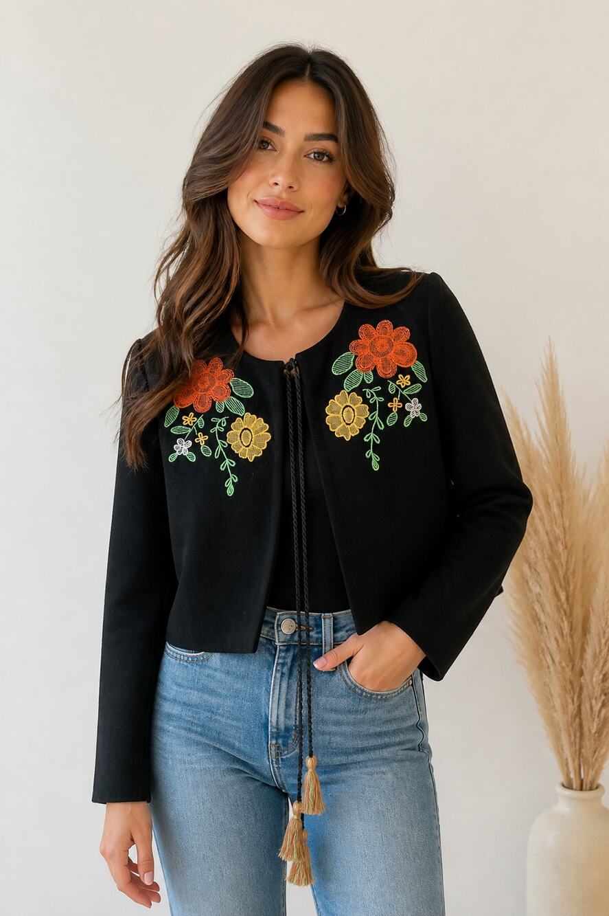 Global Colours Women's Black Embroidered Wool Blend Tie Front Jacket S - Picture 1 of 9